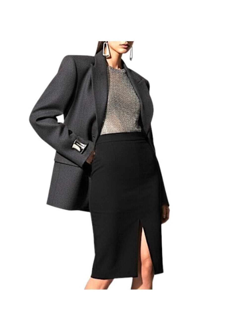 Vintage 90s Y2K GUESS black stretch front back slit fitted pencil skirt 28